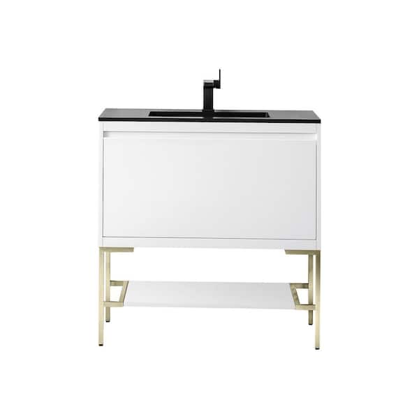James Martin Vanities Mantova 35.4 in. W x 18.1 in. D x 36 in. H Single Vanity Glossy White and Charcoal Black Composite Stone Top