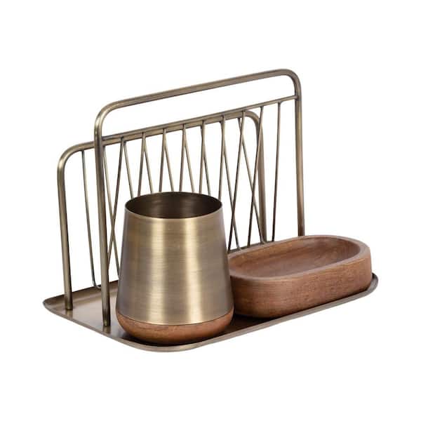Koni Walnut Brown/Gold Rectangle Metal Desk Organizer