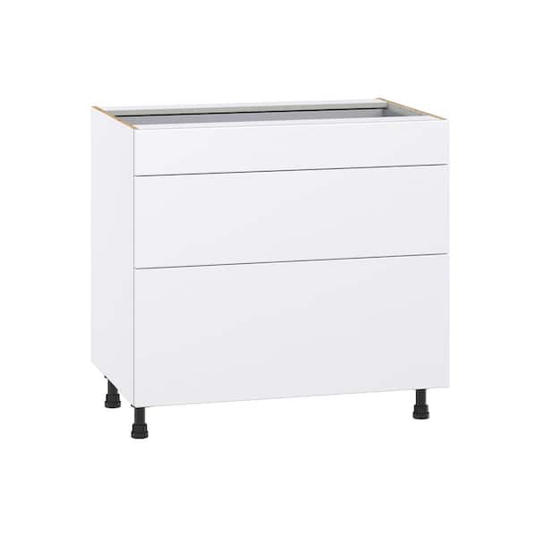 J COLLECTION Timberline 36 in. W x 24 in. D x 34.5 in. H Assembled Slab Drawer Base Kitchen Cabinet in Bright White with 3-Drawers
