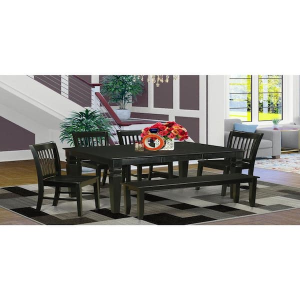 East West Furniture 6-Piece Rectangle Black Finish Solid Wood Top dining Table with 1 Bench and 4 Chairs with Lattice Back