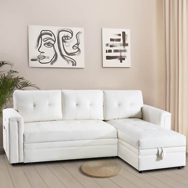 84 in. Reversible Sleeper Air Leather Rolled Arm Sectional Sofa with Storage and USB Ports in. White