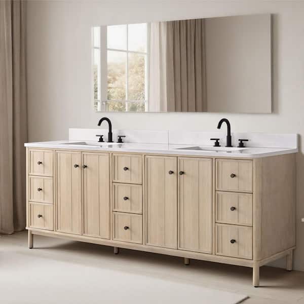 Lugano 84 in. Double Sink Freestanding Light Wheat Bathroom Vanity with Milano Mist Engineered Stone Top