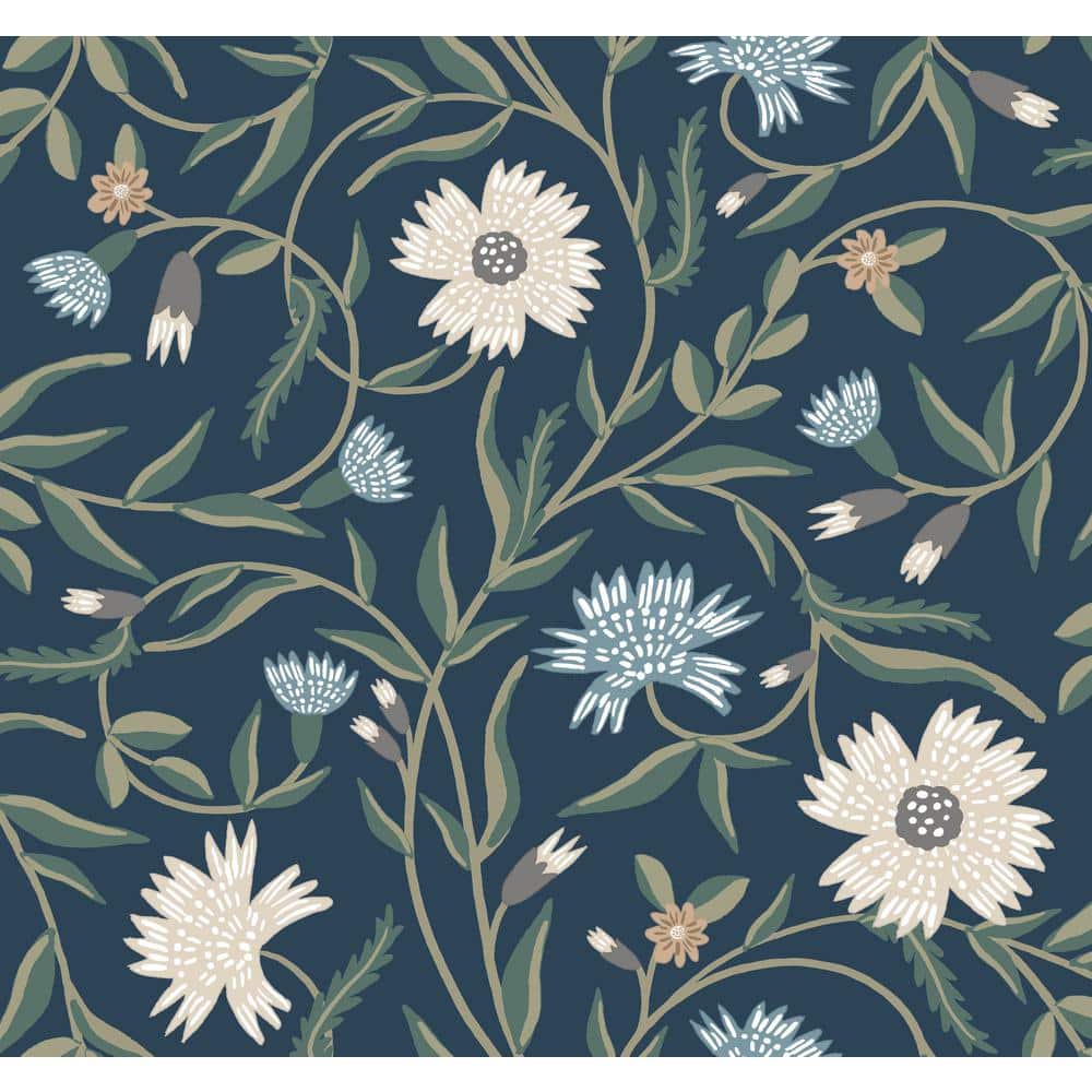 Navy Floral Non-Pasted Washable Wallpaper
