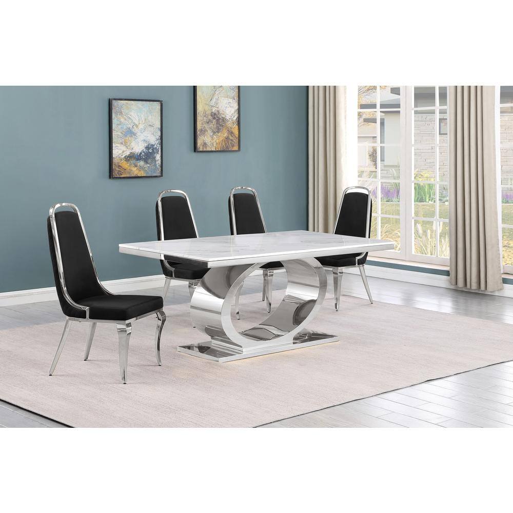 Khiri White Marble Top Pedestal Dining Set with Black Chairs
