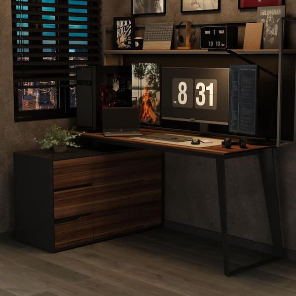 FUFU&GAGA 54.3 in. Reversible L-Shaped Brown Wood Computer FUFU&GAGA 54.3 in. Reversible L-Shaped Brown Wood Computer
