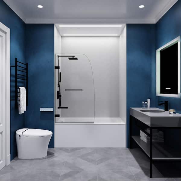 Vensea 31.5 in. W x 56 in. H Pivot Frameless Bathtub Door in Matte Black with Clear Glass