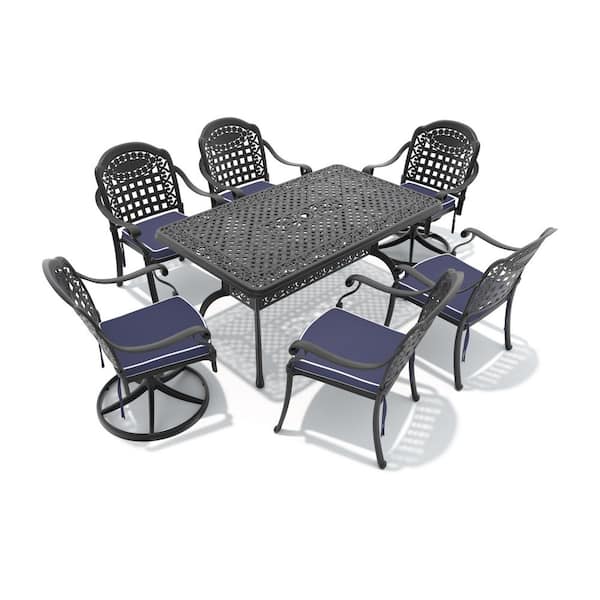 7-Piece Black Cast Aluminum Patio Outdoor Dining Set with Rectangular Table and 6 Swivel Dining Chairs, Blue Cushions