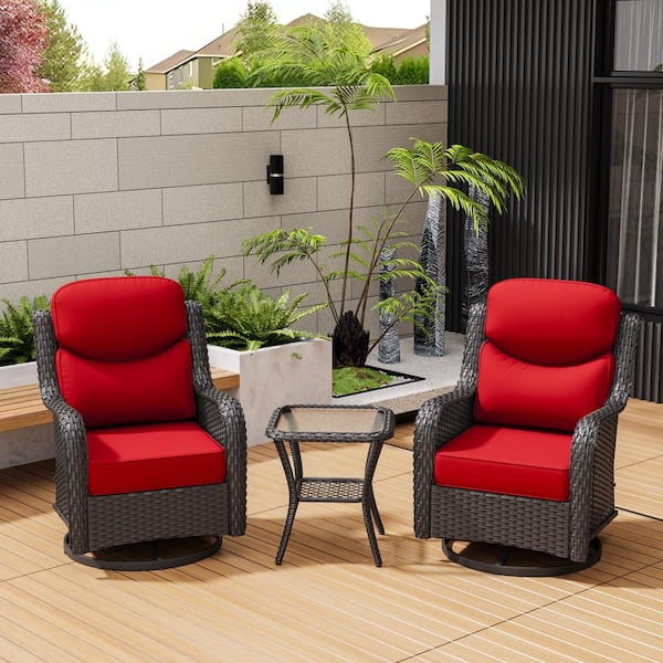 Smiley 3-Piece Brown Wicker Outdoor Swivel Rocking Chairs Patio Conversation Set with Thick Red Cushions and Side Table
