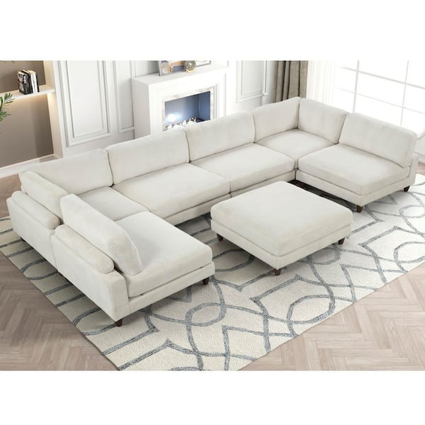 Rontop 178 in. 7-Piece Corduroy Fabric U-Shaped Sectional with Modular Design and Adjustable Back Support in Beige