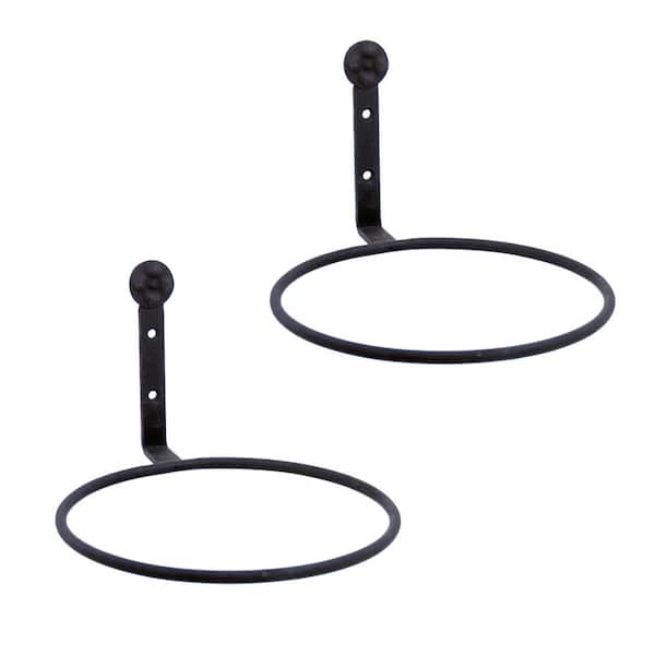 Set of 2 Wall Mounted Flower Pot Holder Ring Metal Brackets, 8 in. Diameter, Black Powder Coat Finish