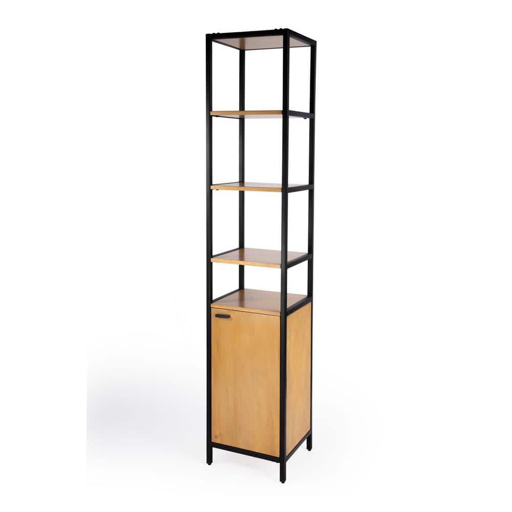 Hans Narrow Black and Natural Wood 84" Etagere Bookcase with Iron Frame