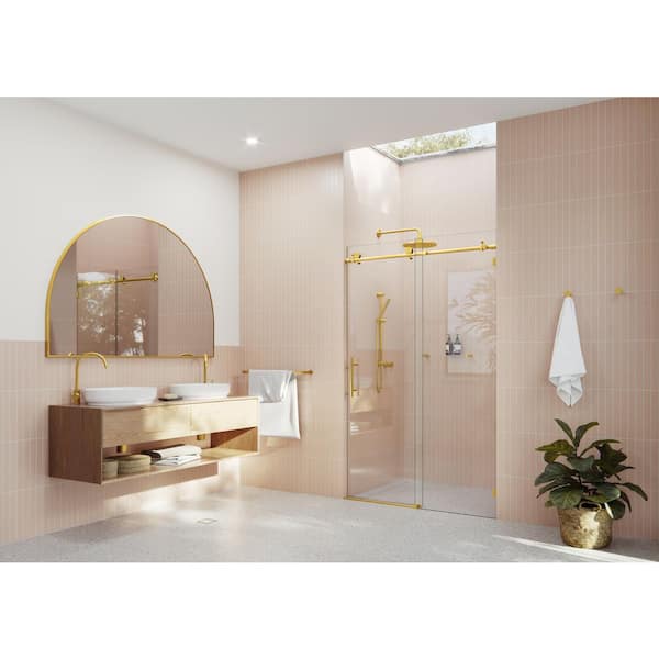 48 in. x 78 in. Frameless Sliding Shower Door in Satin Brass