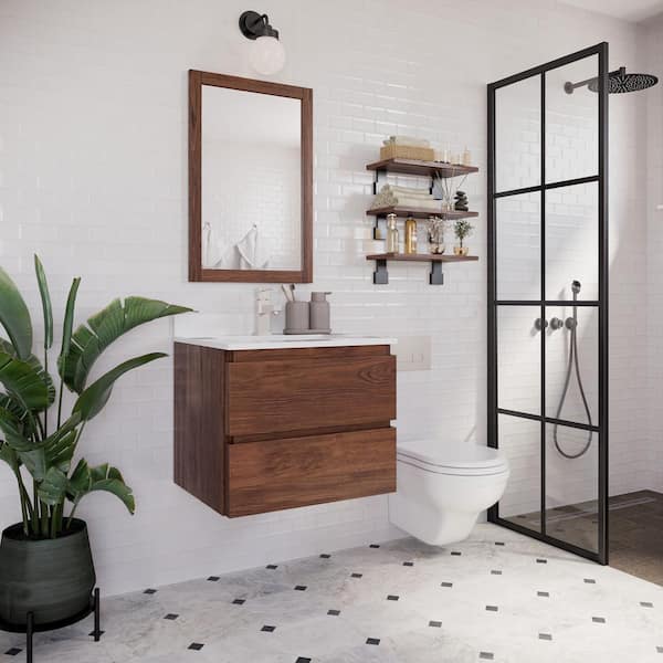 Formosa 24 in. Single Sink Wall Mount Warm Walnut Bath Vanity with White Quartz Top and Undermount Ceramic Sink