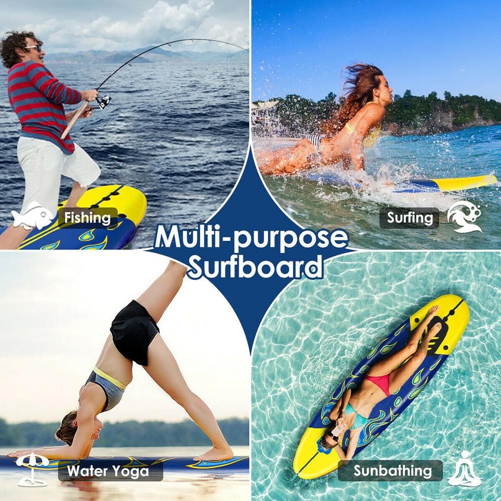 Yellow and Blue Foam Surfboard with Fins and Leash