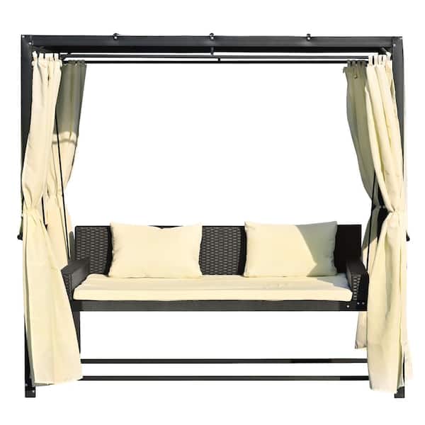 Boosicavelly 87 in. W Black Metal Wicker Porch Swing with Beige Cushions and Adjustable Curtains