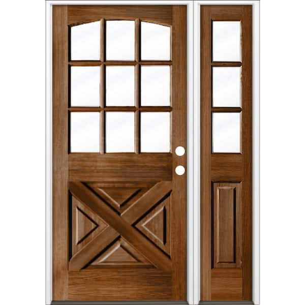 Krosswood Doors 50 in. x 80 in. Farmhouse X Panel LH 1/2 Lite Clear Glass Provincial Stain Hemlock Wood Prehung Front Door with RSL