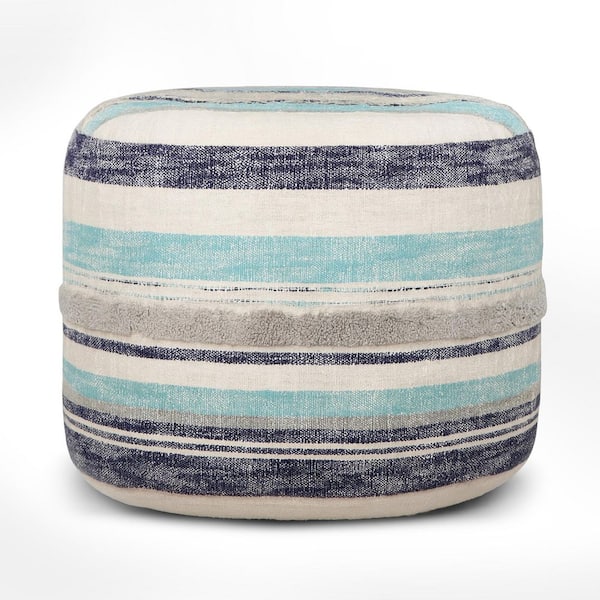 Unbranded Nora Blue/White Striped Hand-Woven Organic Cotton Ottoman Pouf