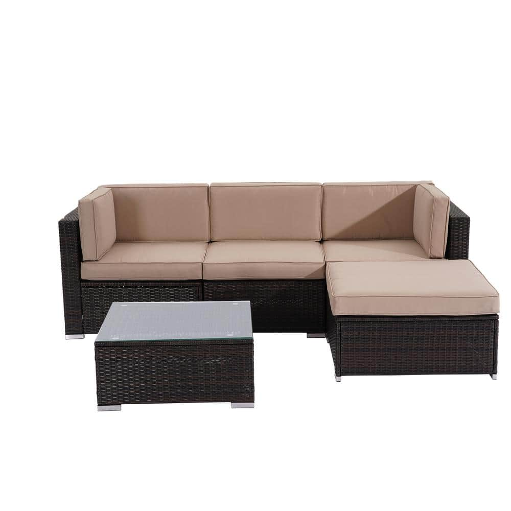 All-weather Brown 5-Piece Wicker Patio Conversation Set with Beige ...