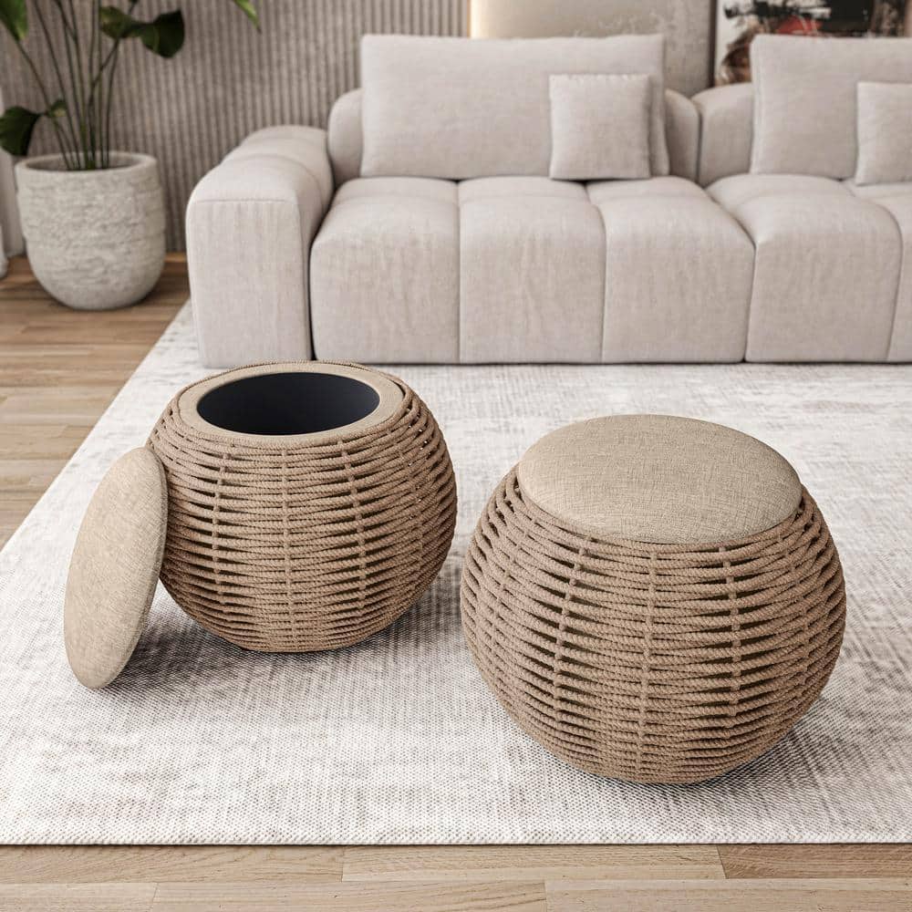 Techni Home Natural Polyester Woven Storage Ottoman RTA-OT33-NAT