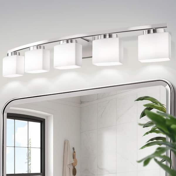 42 in. 5-Light Nickel Modern Square Vanity Light, Fixture with Curved Arms and White Glass Shade for Mirror or Dressing