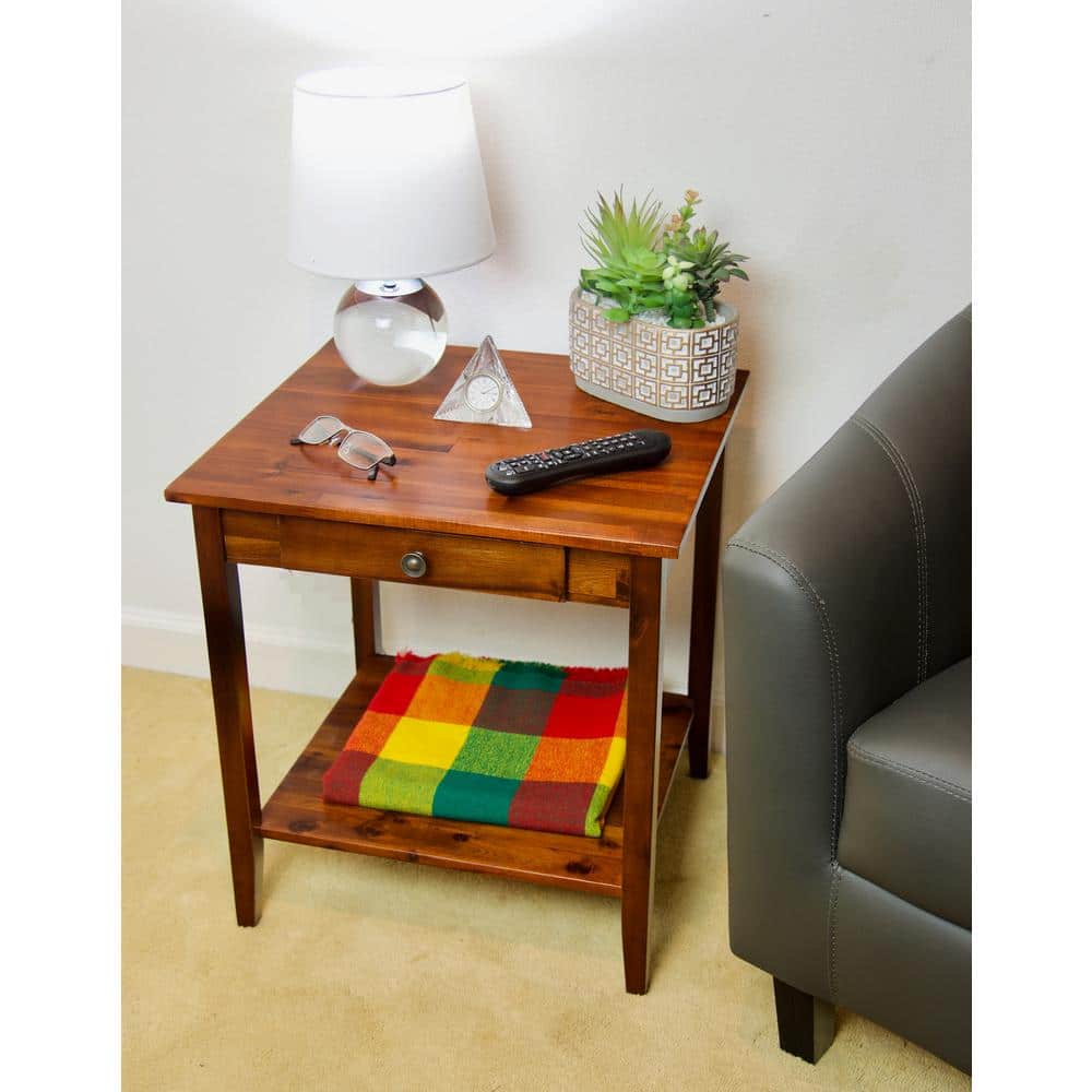 Mahogany Solid Acacia Wood End Table with Drawer and Shelf