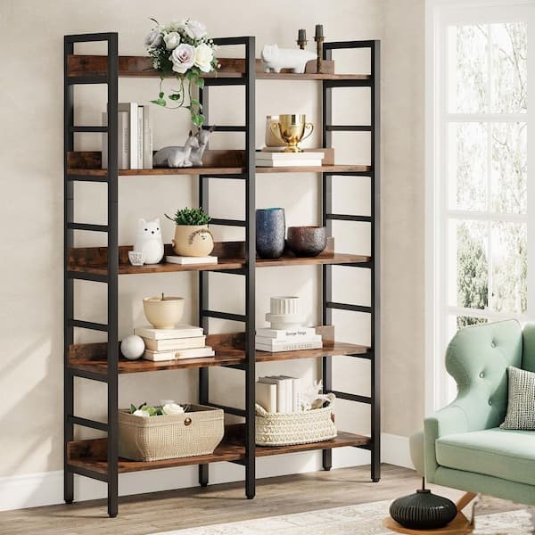 BYBLIGHT Eulas 70.9 in. Tall Rustic Brown Wood 5-Shelf Etagere Bookcase with Interior Shelves Storage for Living Room Home Office