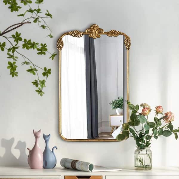 19 in. W x 32 in. H Rectangular Framed Floating Bathroom Vanity Mirror in Antique Gold Finished
