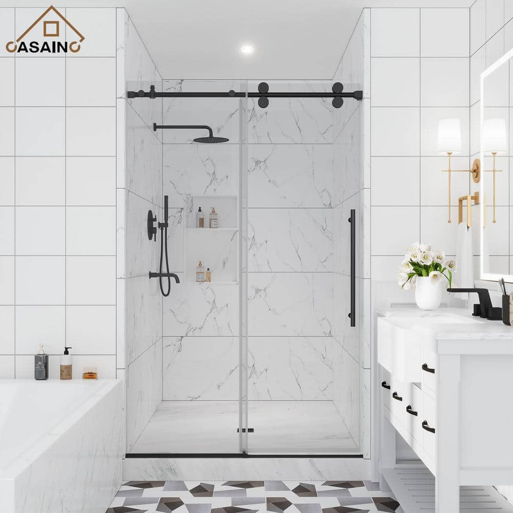 48 in. W x 76 in. H Sliding Frameless Shower Door in Matte Black with Clear Glass -  CASAINC, CA-LBD5-4876MB