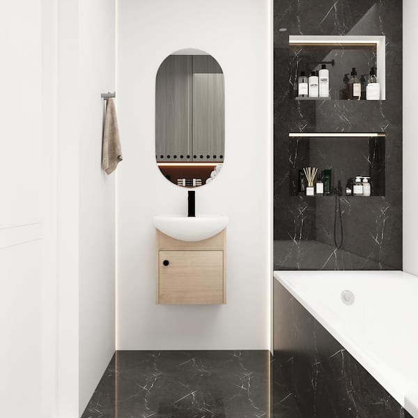 Unbranded 18 in. W x 14 in. D x 21 in. H Single Sink Wall Mounted Bath Vanity in Plain Light Oak with White Ceramic Top