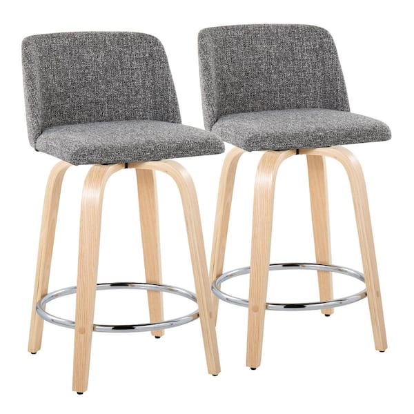 Lumisource Toriano 24.25 in. Grey Noise Fabric, Natural Wood and Chrome Metal Fixed-Height Counter Stool Set of 2