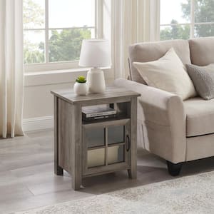 20 in. Grey Wash Rectangle Wood Transitional End Table with Windowpane Cabinet