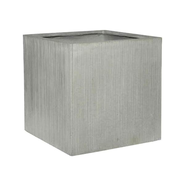 PotteryPots 19.69 in. W x 19.69 in. H Large Square Light Grey Ficonstone Vertically Ridged Block Planter, Porch Planter, Living Room