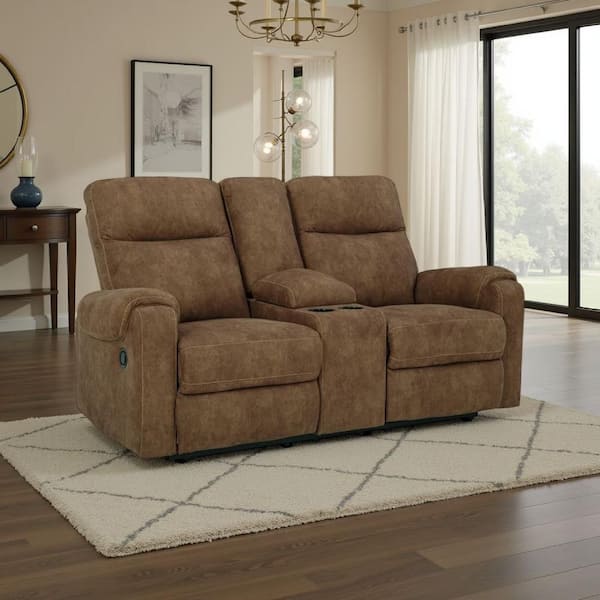 Benjara Woli Brown Faux Leather Glider Recliner Manual Loveseat
