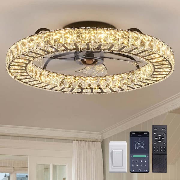 22 in. LED Smart Indoor Black Flush Mount Fandelier Low Profile Crystal Chandelier Ceiling Fan with Remote Control