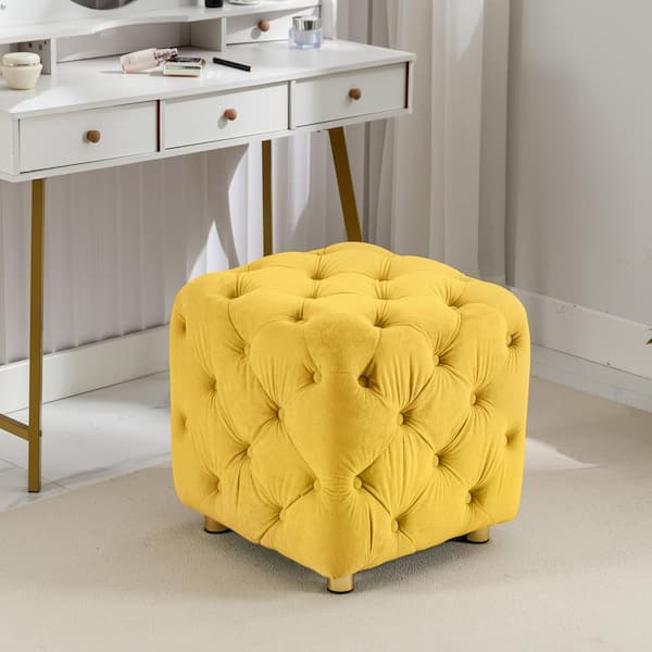 IDEAGLE Modern Yellow Velvet Upholstered Square 18.1 in. Tufted Button Exquisite Ottoman Soft Foot Stool Dressing Makeup Chair