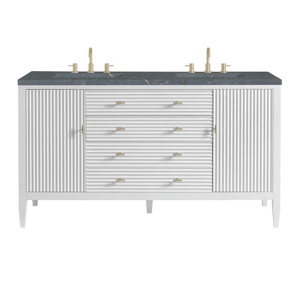 James Martin Vanities Myrrin 60.0 in. W x 23.5 in. D x 34.06 in. H Double Bathroom Vanity in Bright White with Parisien Bleu Quartz Top