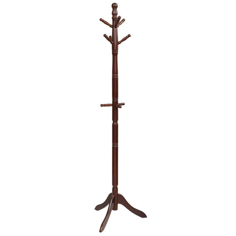 Walnut Free Standing Coat Rack Wooden Hall Tree 2-Adjustable Height with 9-