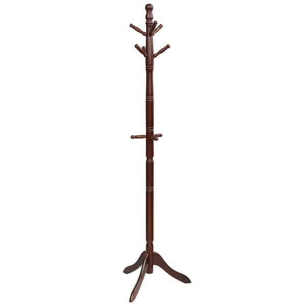 Walnut Free Standing Coat Rack Wooden Hall Tree 2 Adjustable Height with 9 Hooks