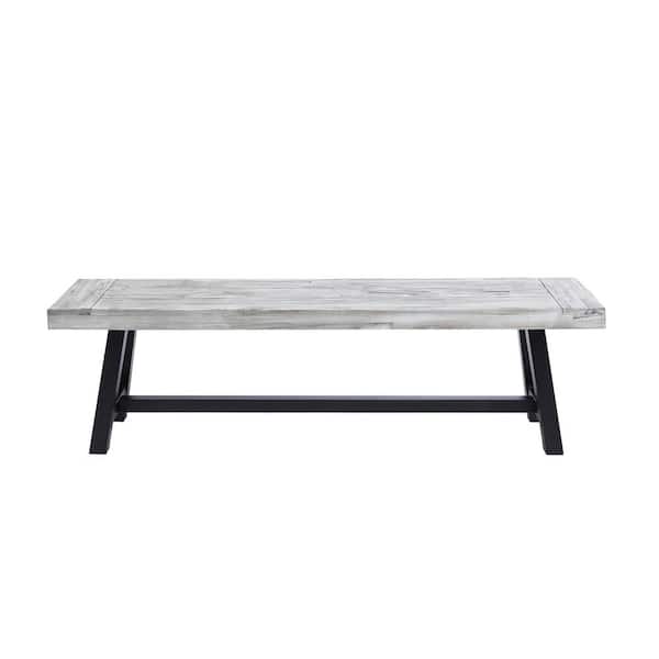 Carlisle Light Gray Wood and Black Metal Outdoor Patio Dining Bench