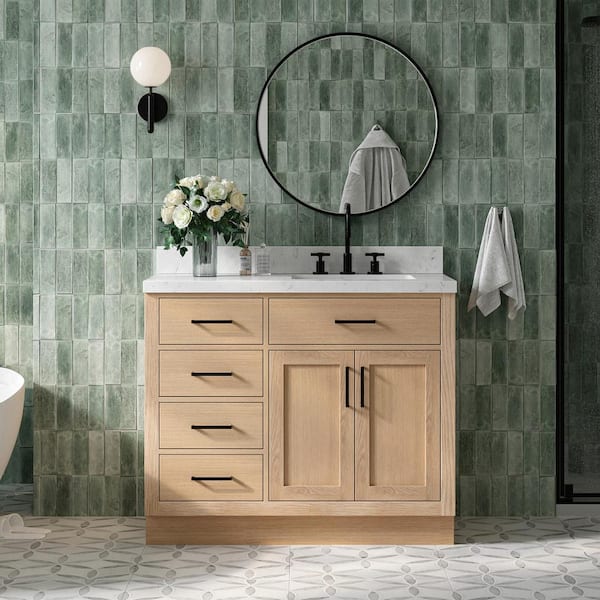 ARIEL Hepburn 42 in. W x 22 in. D x 36 in. H Single Freestanding Bath Vanity in Oak with Carrara White Quartz Top