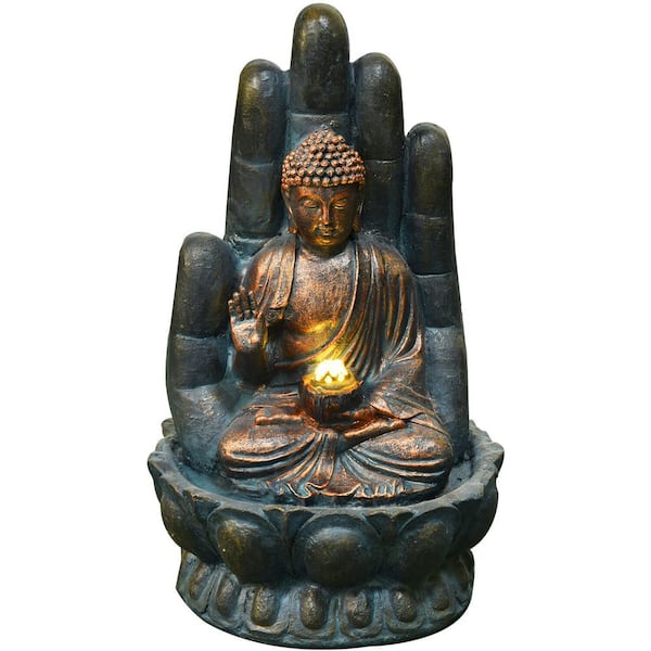 Hanover 21 in. Buddha Hand of Protection Indoor or Outdoor Garden Fountain with LED Lights for Patio, Deck, Porch