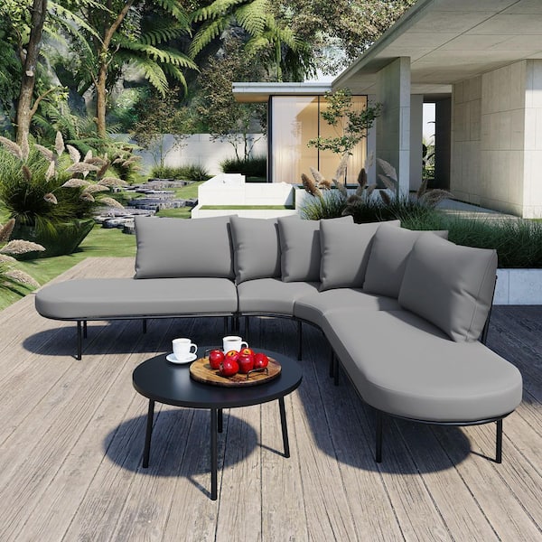 Cesicia 5-Piece Metal Patio Half-Moon Curved Outdoor Conversation Sectional Sofa Set with Gray Cushions and Coffee Table