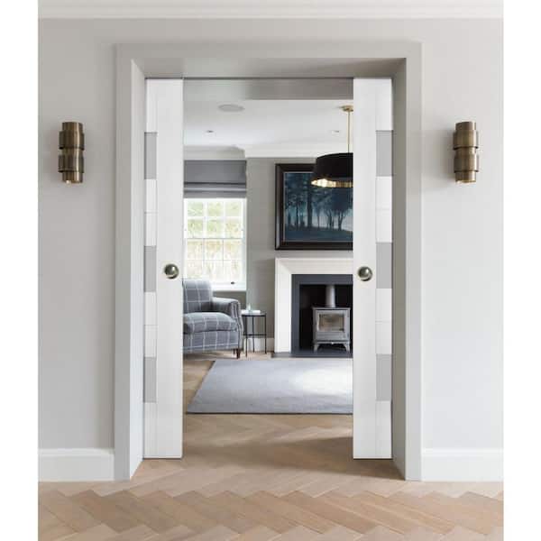 36 in. x 96 in. Single Panel White Solid MDF Double Sliding Doors with Double Pocket Hardware