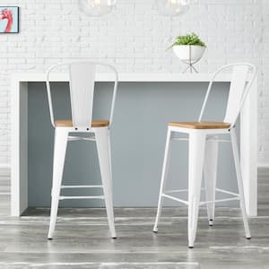 Finwick White Metal Backed Bar Stool with Natural Wood Seat (Set of 2)