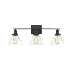 Drake 28.5 in. W x 10 in. H 3-Light Black Bathroom Vanity Light with Clear Glass Shades