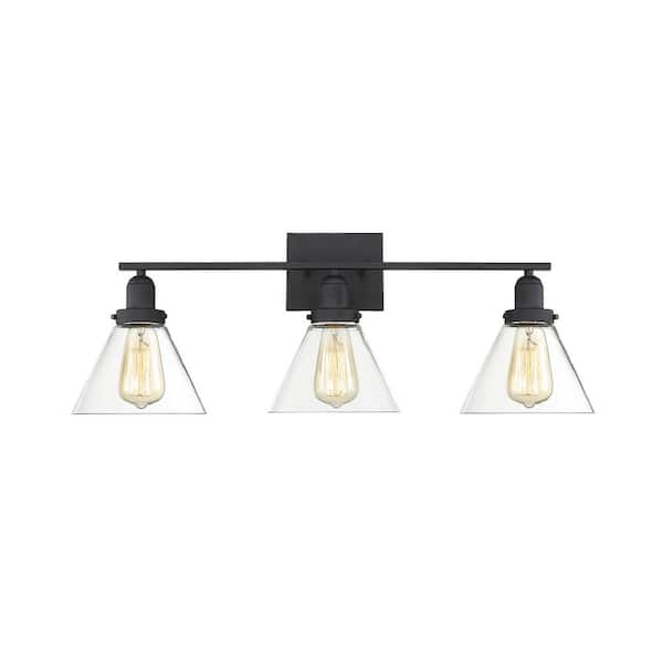 Savoy House Drake 28.5 in. W x 10 in. H 3-Light Black Bathroom Vanity Light with Clear Glass Shades