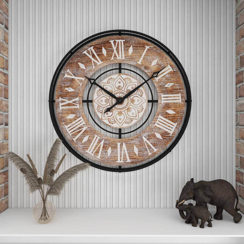 34" Brown Metal and Wood Industrial Wall Clock