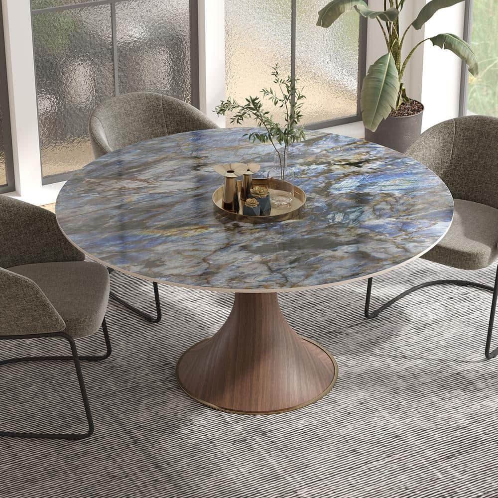 Modern Round White Top Sapphire Stone Tabletop 53.15 in. Black Woodgrain Pe