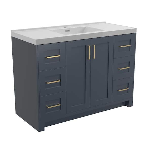 48 in. W Single Sink Freestanding Solid Wood Bath Vanity in Navy Blue with White Solid Surface Top and Basin