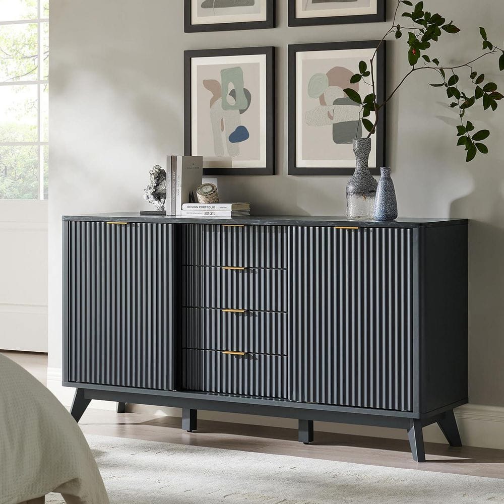 Dark Grey 32 in. Fluted Accent Storage Cabinet with Sliding Doors and 4-Drawers